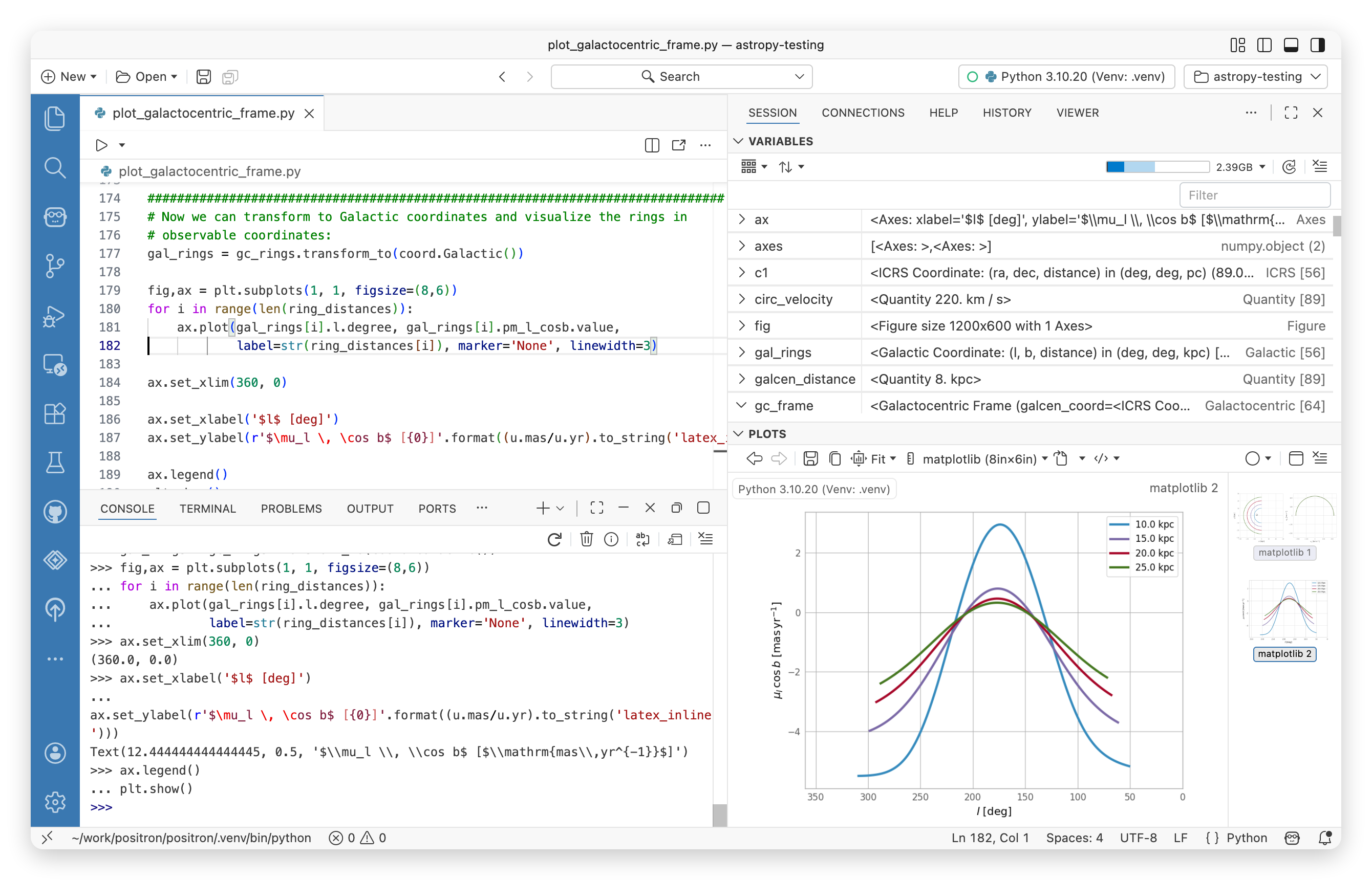 Positron IDE showing Python code for astronomical data visualization with a galactic coordinate plot and Variables pane displaying data objects.