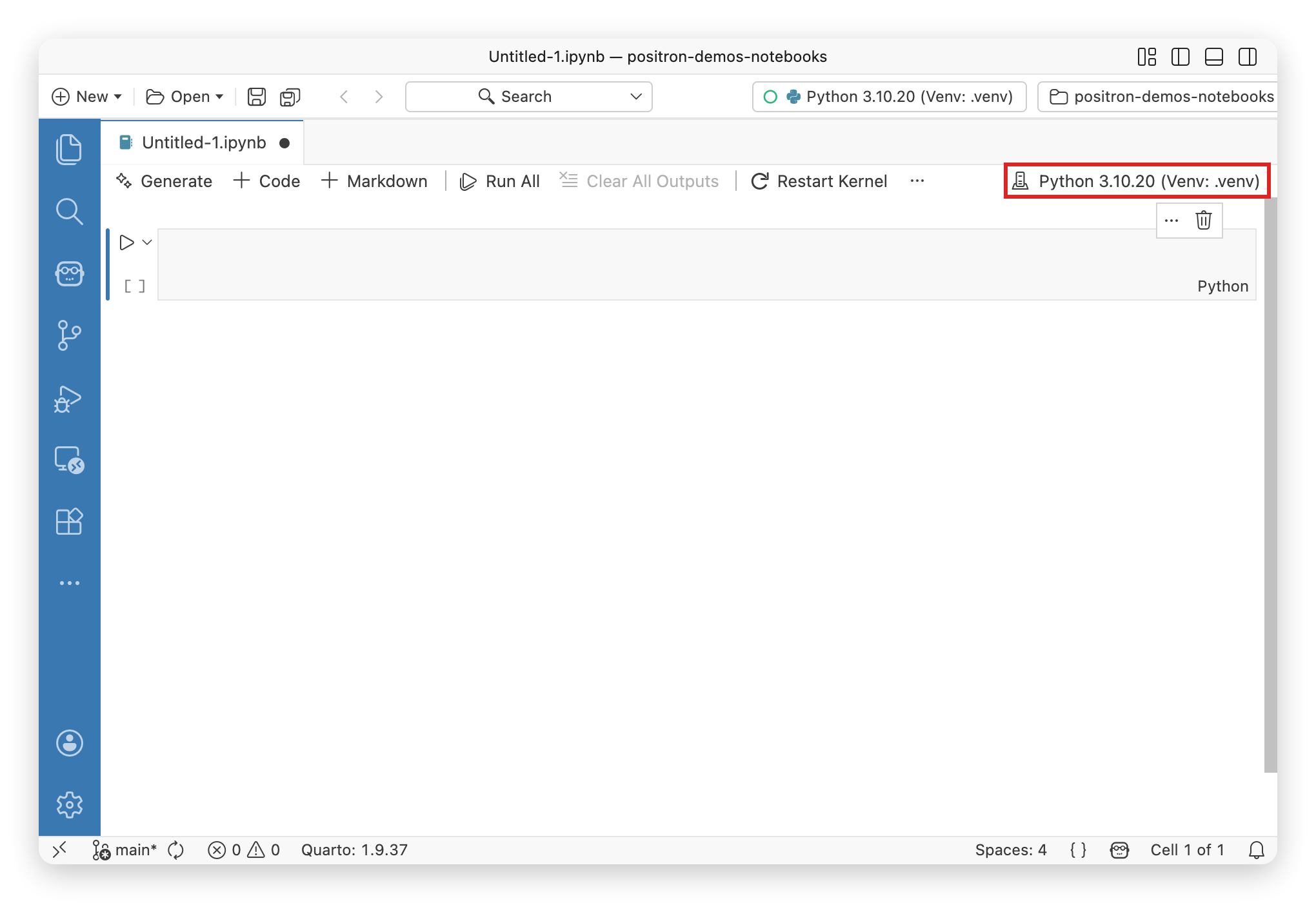 Notebook Editor action bar with the kernel selector button highlighted, displaying a Python virtual environment as the current kernel.