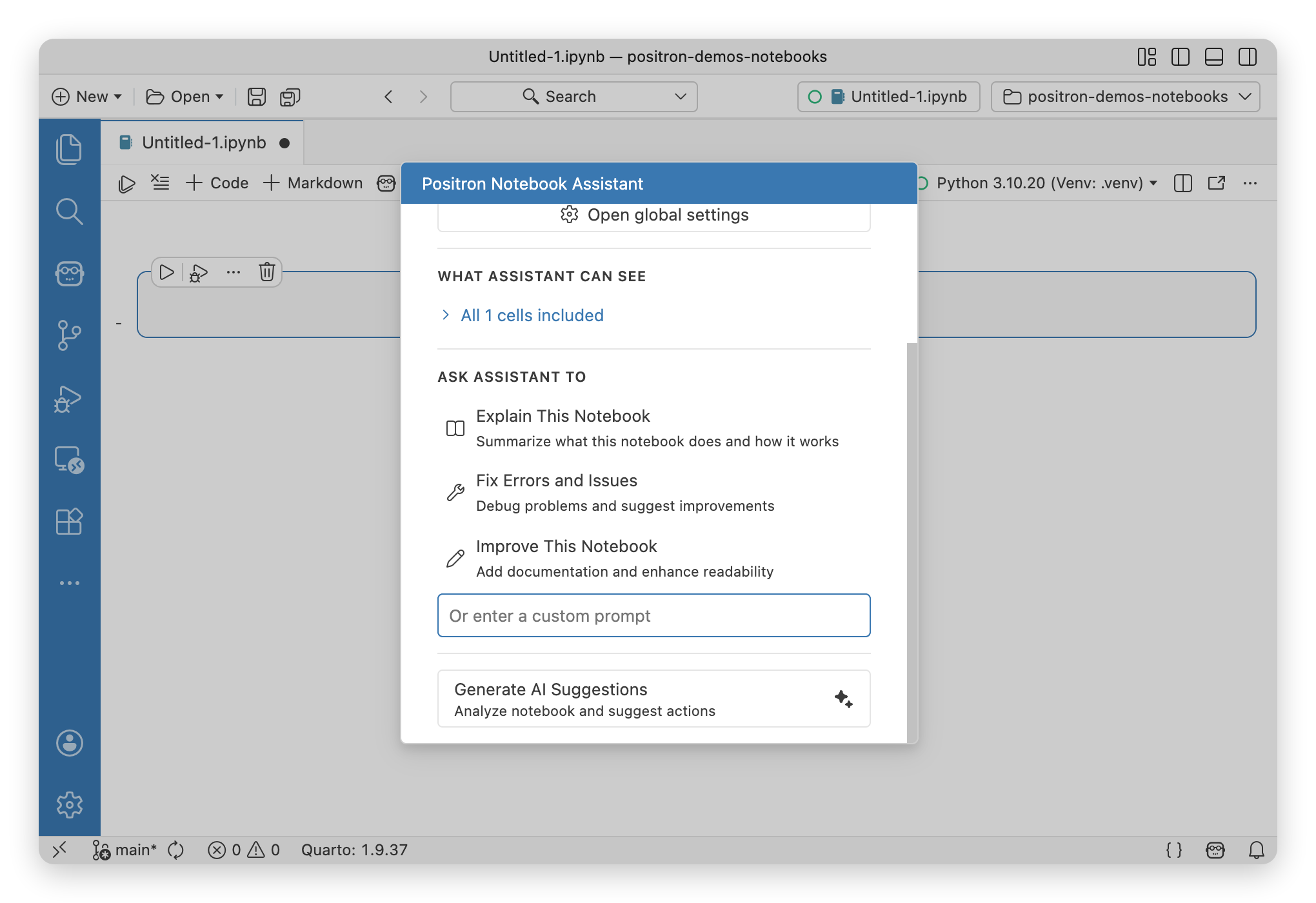 Notebook Assistant panel showing context cells, quick actions like Fix, Explain, and Improve, and AI-generated suggestions based on the notebook state.