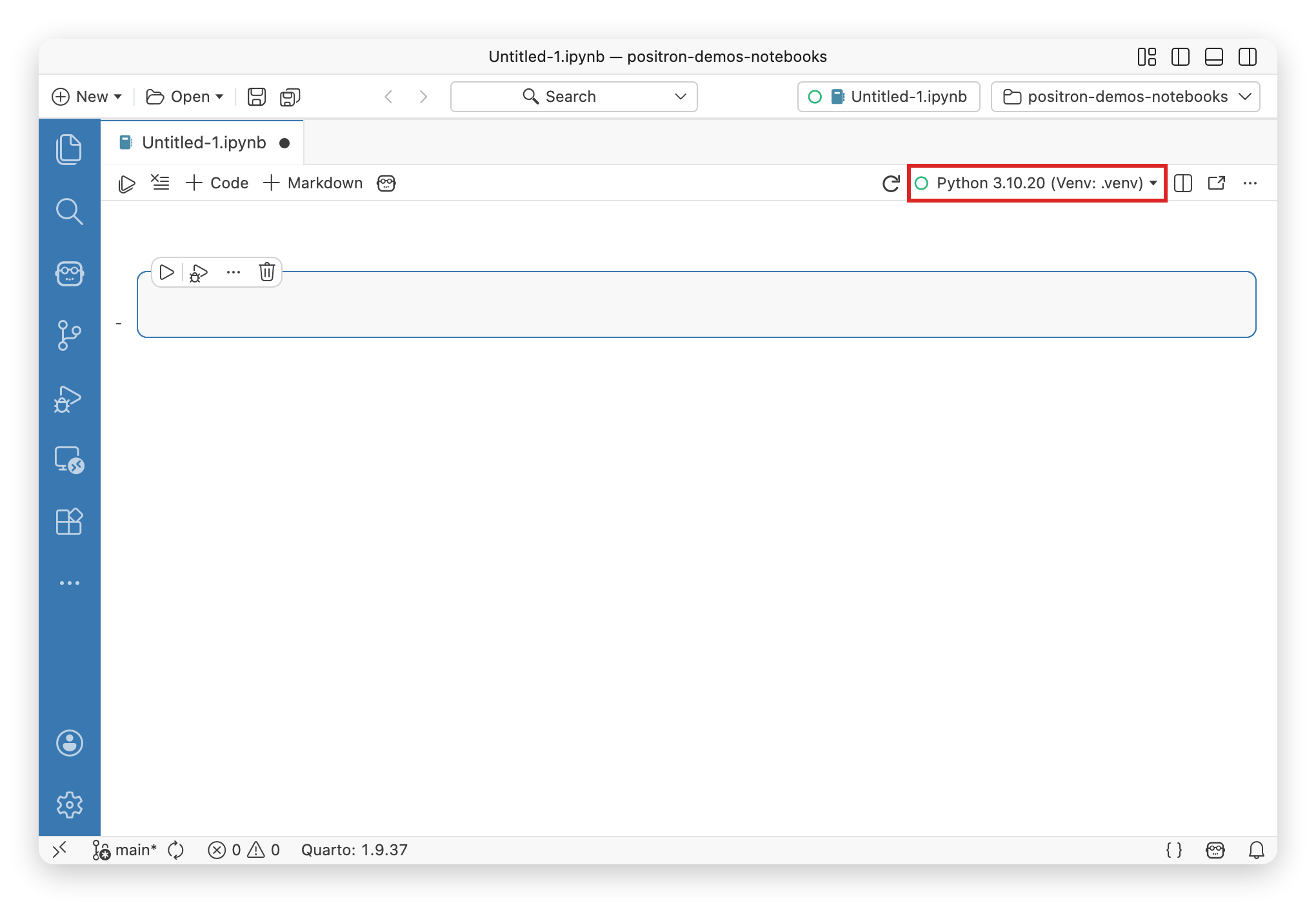 Notebook Editor action bar with the kernel selector dropdown highlighted in red, showing a Python virtual environment selected.