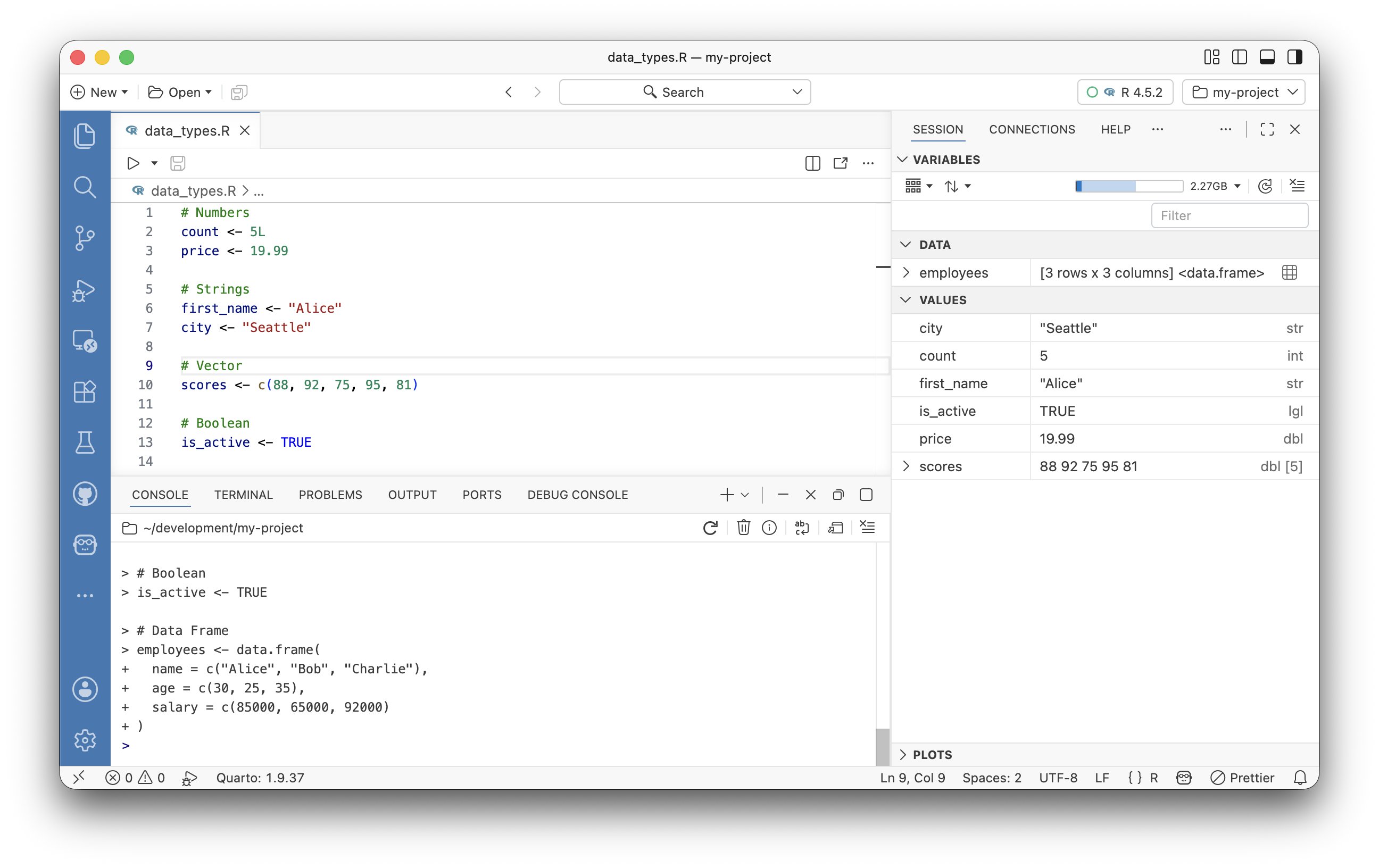 Variables pane showing a list of variables including data frames, values like numbers and strings with R 4.5.2 interpreter active.